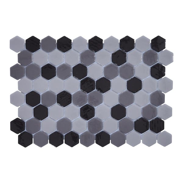 Glass Tile LOVE Hex 11 in. x 16 in. Glossy Black and Gray Mosaic for Wall, Floor and Pool Tile 10.76 sq. ft. Case