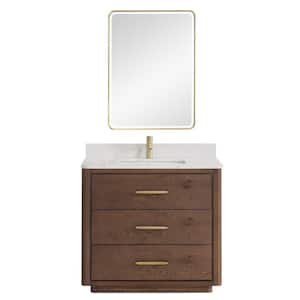 Porto 36 in. W x 22 in. D x 33.8 in. H Single Sink Bath Vanity in Dark Brown with White Quartz St1 Top and Mirror