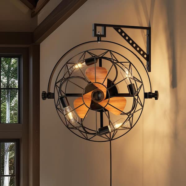 ANTOINE 20 in. Indoor Black Low Profile Caged Ceiling Fan with Light Plug-in Farmhouse Wall Mounted Fan with Remote