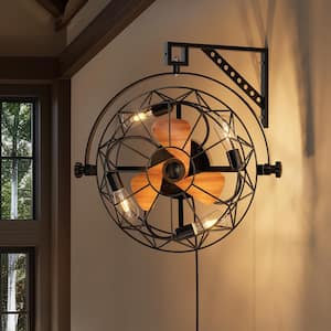 20 in. Indoor Black Low Profile Caged Ceiling Fan with Light Plug-in Farmhouse Wall Mounted Fan with Remote