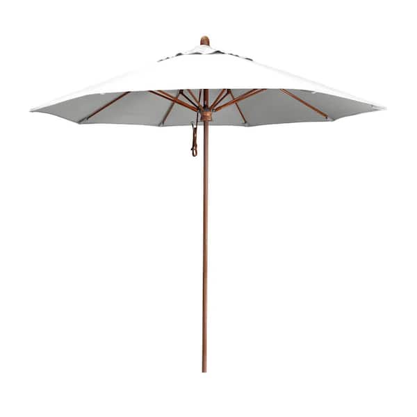 California Umbrella 9 ft. Woodgrain Aluminum Commercial Market Patio Umbrella Fiberglass Ribs and Pulley Lift in Natural Sunbrella