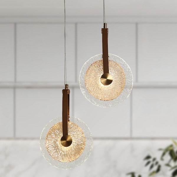 LNC Irma 2-Light Integrated LED Brass Island Chandelier with Handmade Brown Ripple Glass Discs Modern Industrial Pendant