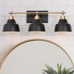 Modern Black Bathroom Vanity Light with Gold Arm, 24.5 in. 3-Light Metal Bell Bath Wall Sconce for Arched/Round Mirror