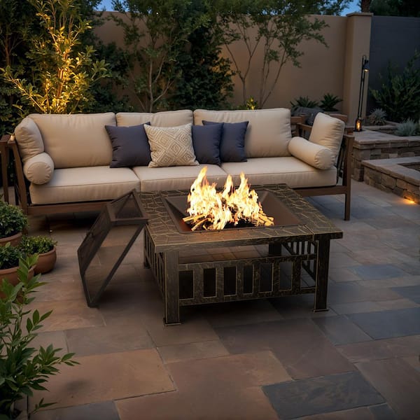 Tozey 32 in. Outdoor Metal Golden Fire Pit with Cover and Poker