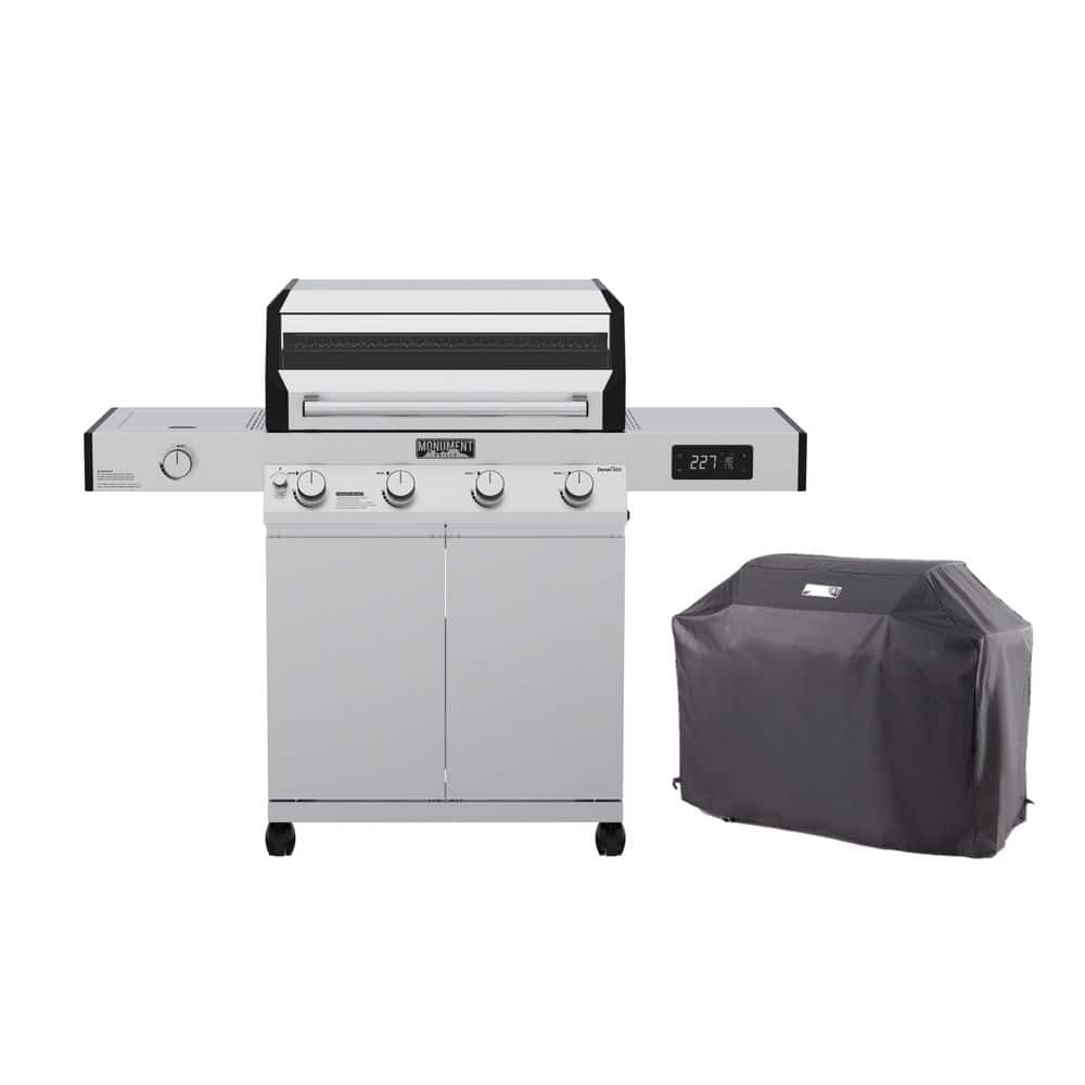 Denali 4-Burner Propane Gas Grill in Stainless with Clearview Lid, 3-Phase LED Controls, Side Burner, and Grill Cover