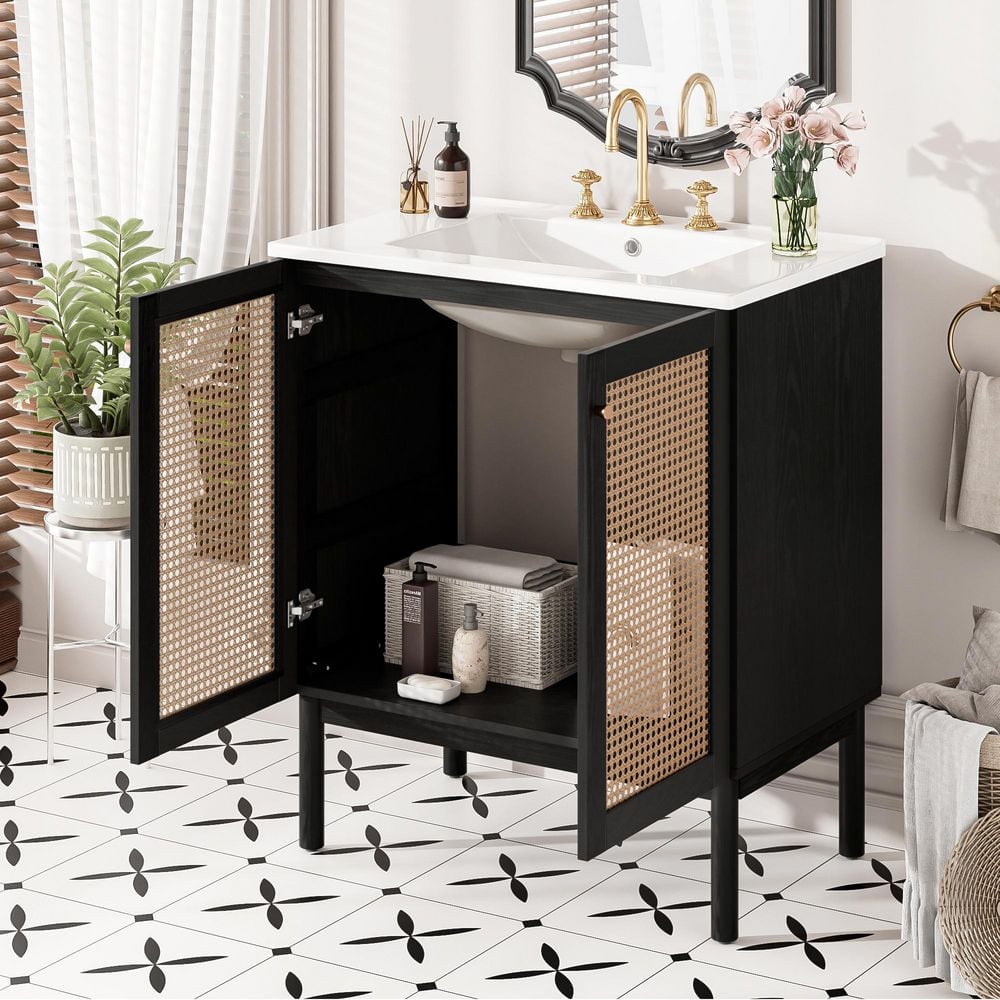29.9 in. W x 18.3 in. D x 34.06 in. H Black Storage Cabinet with White Ceramic Top