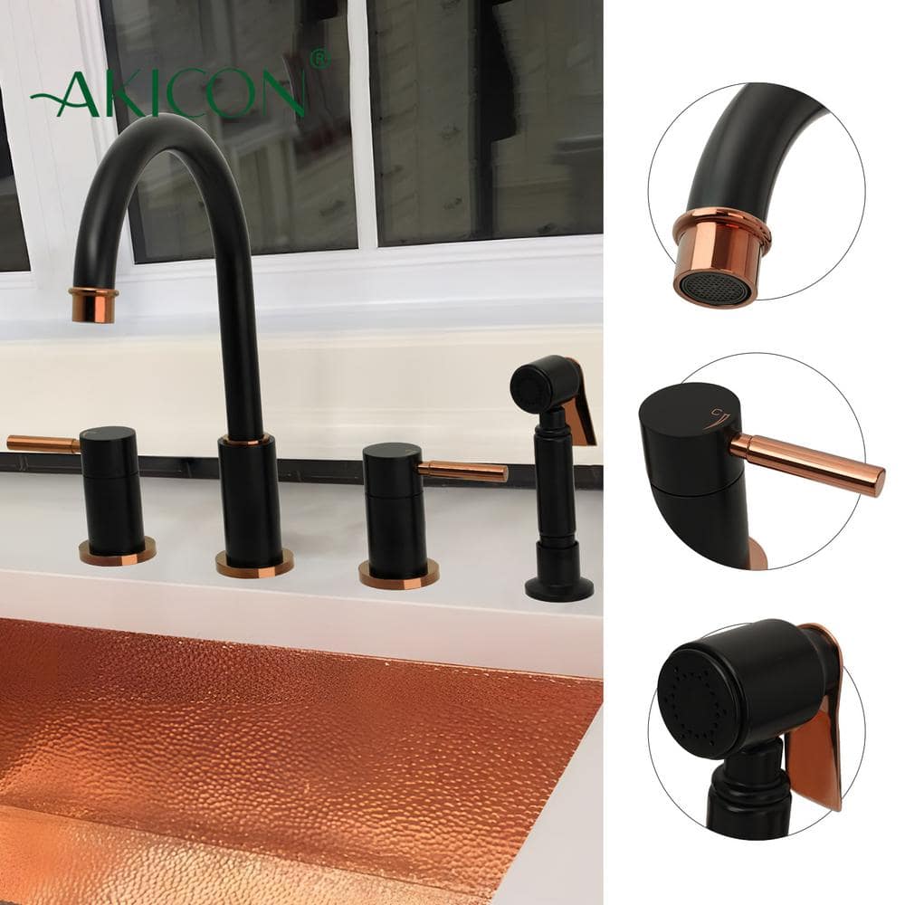 Matte Black and Rose Gold Double Handle Kitchen Faucet with Side Sprayer