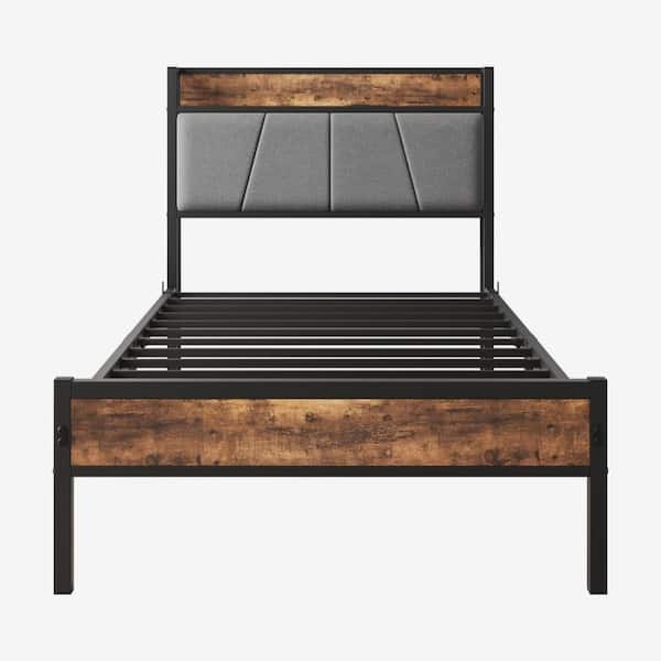GZMR Modern Brown Metal Frame Twin Size Platform Bed with Headboards