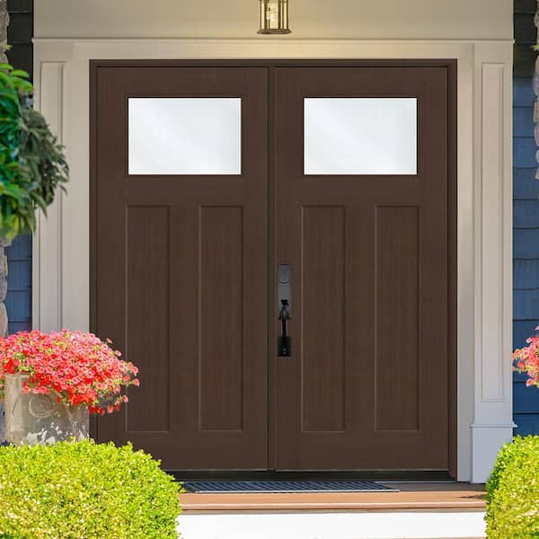 Regency 72 in. x 80 in. 1/4 TopL Clear Glass RHIS Hickory Fir Fiberglass Double Prehung Front Door with 4-9/16 Jamb