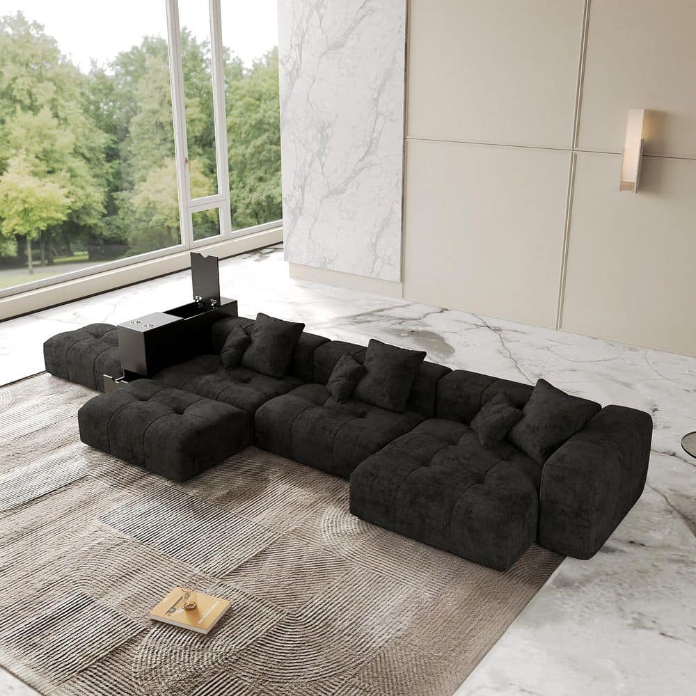 171 in. U-Shaped Square Arm 6-Piece Linen Modular Sectional Sofa w/Storage Console,Ottomans and Washable Covers in Black