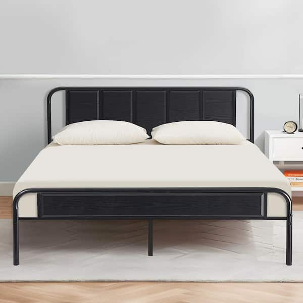 VECELO Industrial Bed Frame, Black Metal Frame Queen Platform Bed With ...