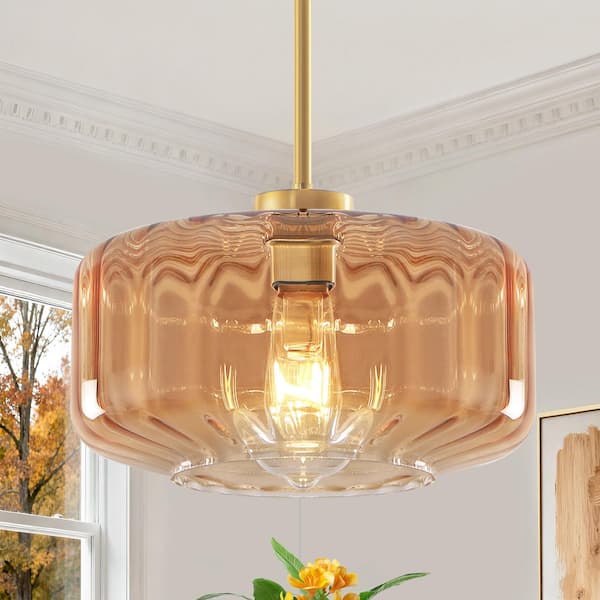 1-Light Gold Farmhouse Globe Pendant Light With Amber Glass Shade For Kitchen Island, Dining Room, Bedroom, Hallway