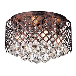 13.5 in. 4-Lights Antique Red Copper Finish Flush Mount Ceiling Light with Lattice Drum Shade and Clear Crystals