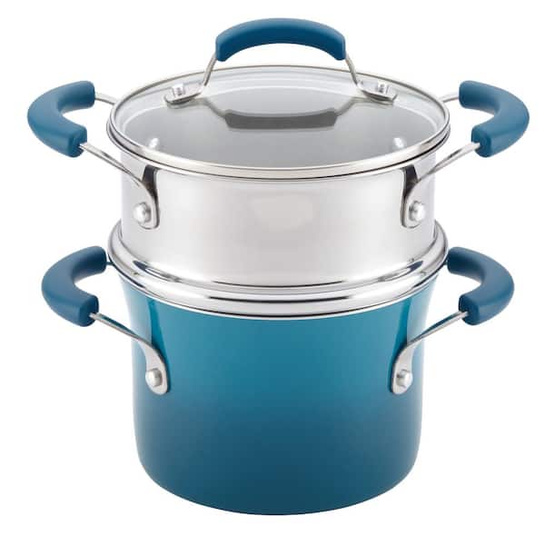 Rachael Ray 3 qt. Classic Brights Aluminum Nonstick Sauce Pot and Steamer Insert Set, Marine Blue Gradient