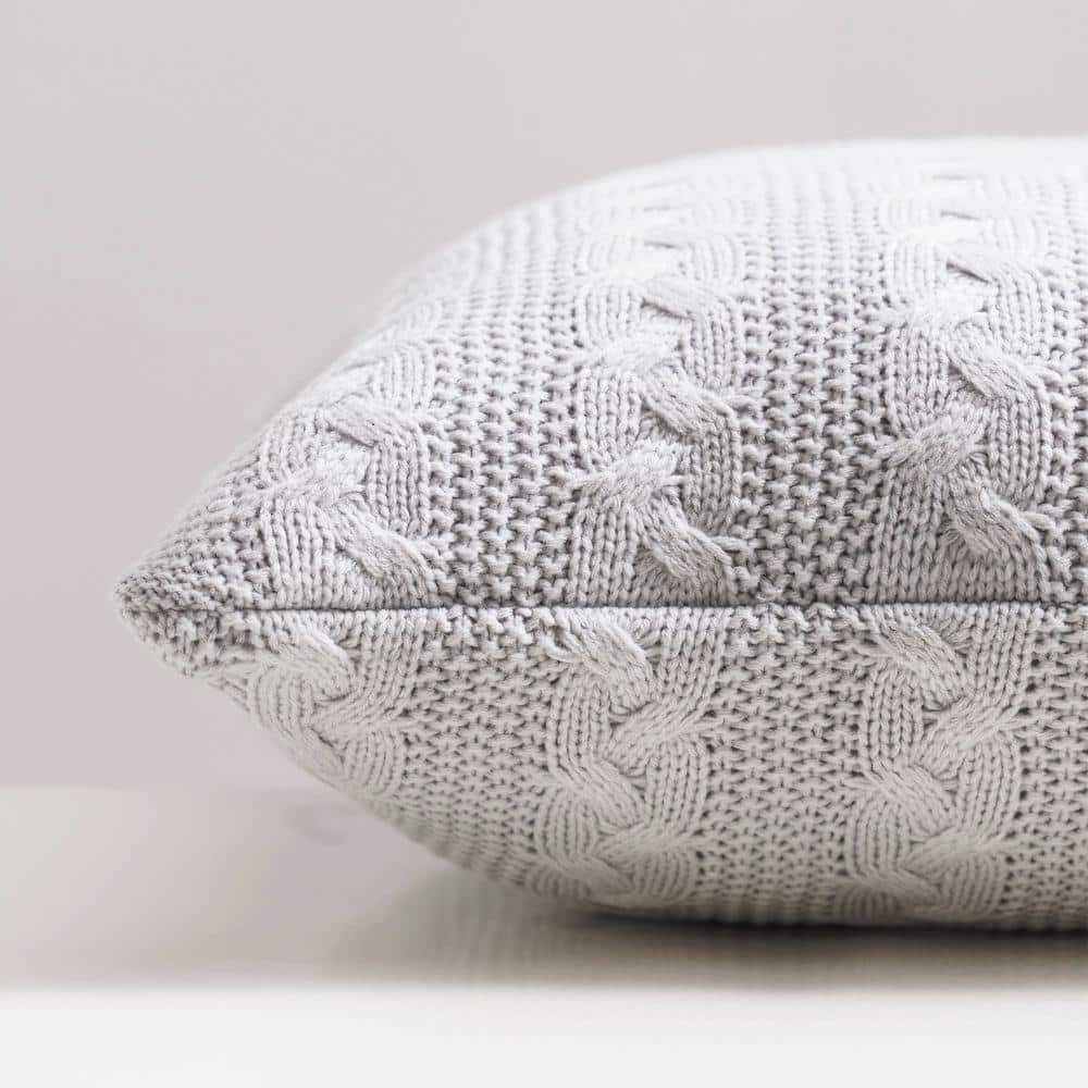 Light Gray Acrylic Cable Knit Square Throw Pillow
