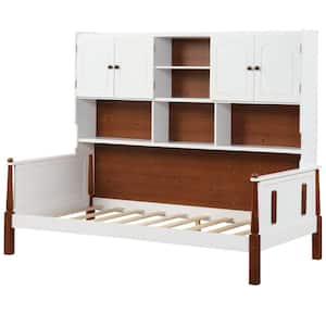 White & Brown Twin Daybed w/Bookcase Wooden Platform Bed w/Shelves & Cabinets