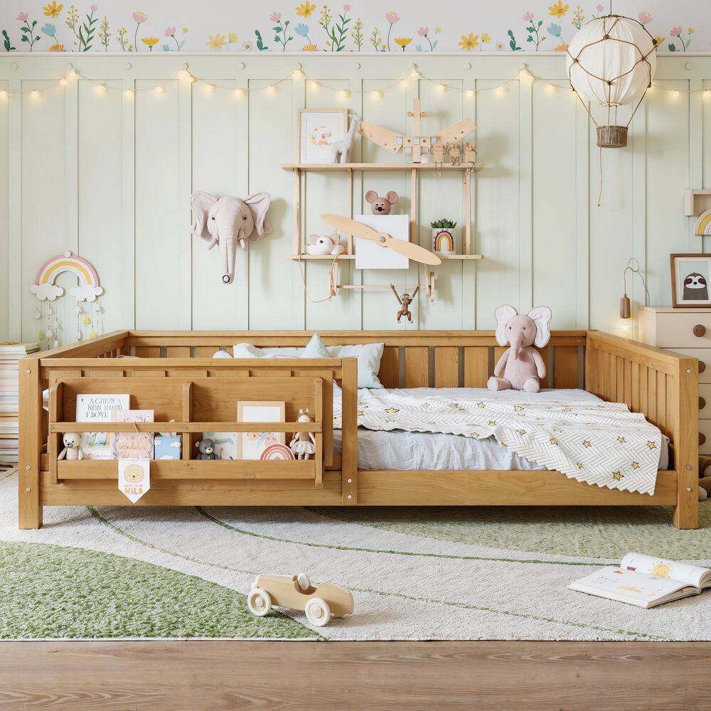 Light Natural Queen Size Kids Bed with Built-In Bookshelf and High-Quality Safety Guardrail