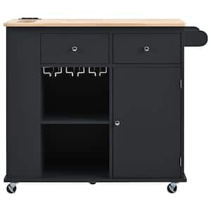 Black Multipurpose Kitchen Cart with Power Outlet and Open Storage and Wine Rack