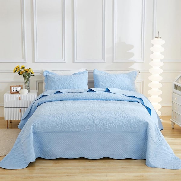 T-Monica 3-Piece Light Bule Embroidery 100% Cotton Lightweight King Size Quilt Bedspread Set