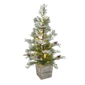 26 in. H Lightly Flocked Pine Tree in Wooden Box with LED White Lights and Timer