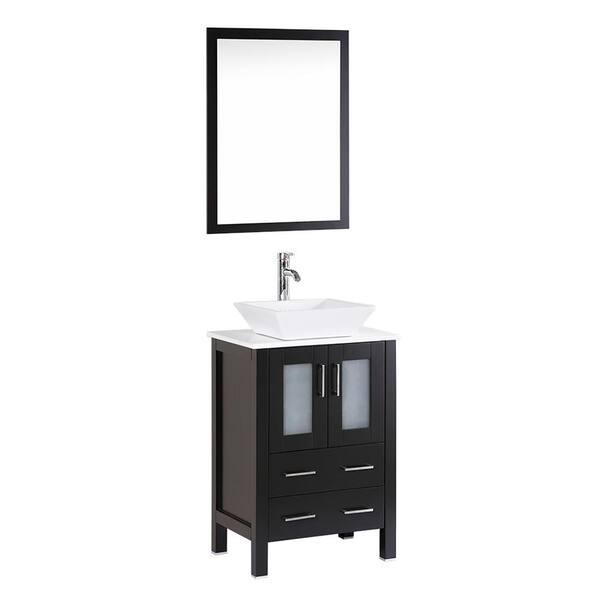 Bosconi 24 in. Single Vanity in Espresso with Vanity Top in White in White with White Basin and Mirror