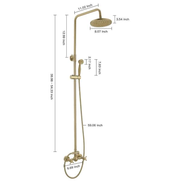 2-Spray Wall Slid Bar Round Rain Shower Faucet with Hand Shower 2 Cross Handles Mixer Shower System Taps in Gold