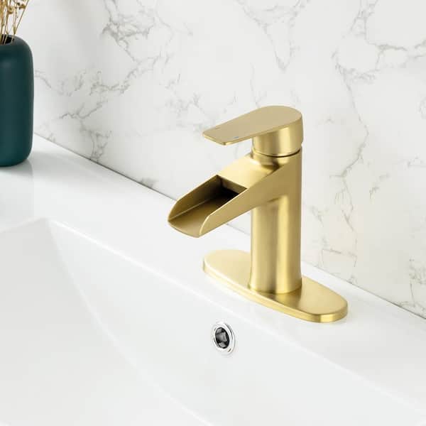 Single Handle Waterfall Spout Single Hole Bathroom Faucet with Deckplate and Drain Kit Included in Gold Color
