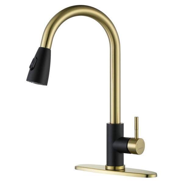 Wowow Single Handle Pull Down Sprayer Kitchen Faucet With Stream And Powerspray Mode In Gold And 9845