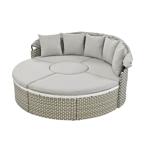 Unbranded Metal Outdoor Patio Round Day Bed with Retractable Canopy Separate Seating, Removable Cushion for Garden Poolside Gray