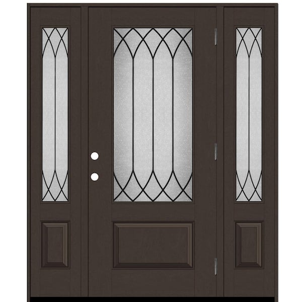 Steves & Sons Regency 64 in. x 80 in. 3/4 Lt Spire Decorative Glass LHOS Hickory Mahogany Fiberglass Prehung Frontdoor w/Dbl 12 in. SL