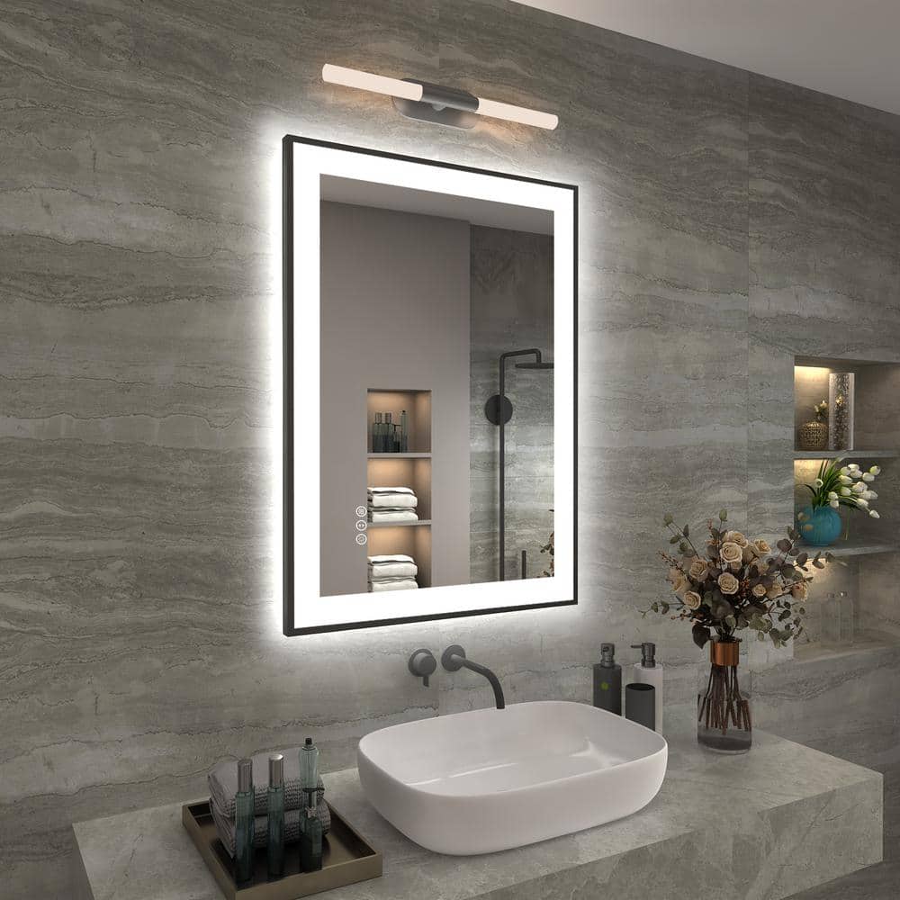 Matte Black LED Lighted Anti-Fog Vanity Mirror with Tempered Glass, 28" x 20"