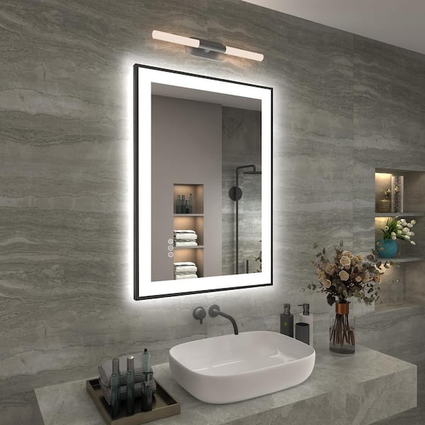 Apmir 20 in. W x 28 in. H Rectangular Space Aluminum Framed Dual Lights Anti-Fog Wall Bathroom Vanity Mirror in Tempered Glass
