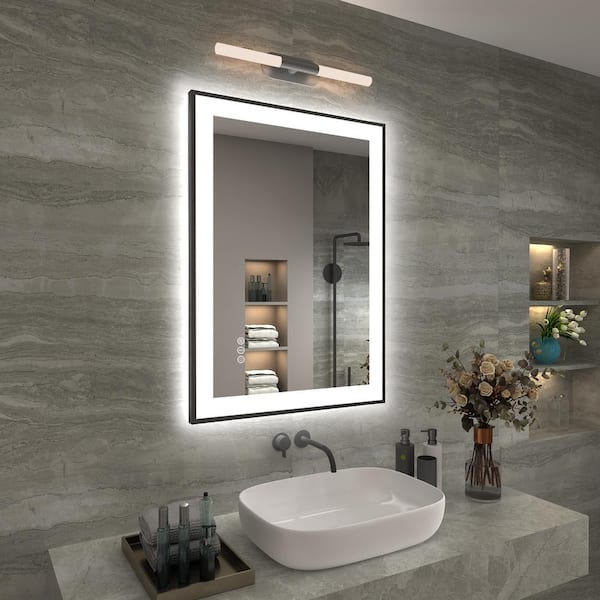 20 in. W x 28 in. H Rectangular Space Aluminum Framed Dual Lights Anti-Fog Wall Bathroom Vanity Mirror in Tempered Glass