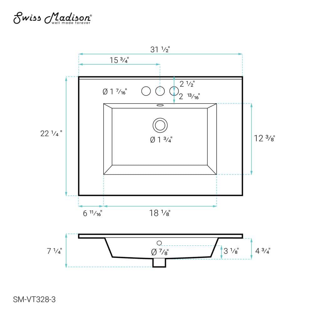 White Ceramic 31" Vanity Top Sink with Centerset Faucet Holes