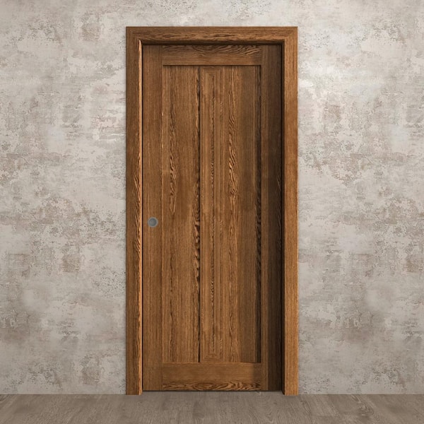 Assemble Required 32 in. x 96 in. Cognac Oak Solid Wood Pocket Door With Hardware