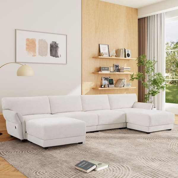 142 in. W Chenille Modular Sectional Sofa in. White with Extra-Wide Seat Cushion, USB and Type-C Charger