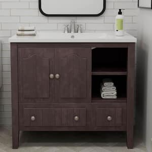 MID 36 in. W x 18 in. D x 32 in. H Single Sink Medium Bath Vanity in Brown with Pure White Ceramic Integrated Sink Top
