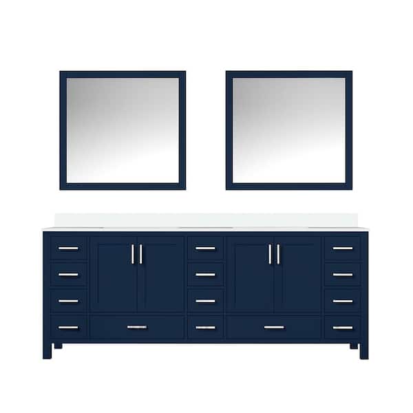 Jacques 84 in. W x 22 in. D Navy Blue Double Freestanding Bath Vanity with White Quartz Top and 34 in. Mirrors