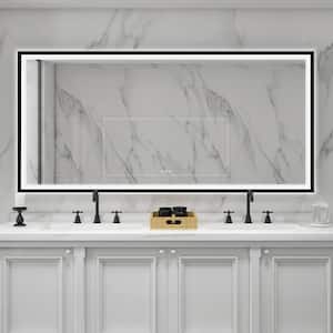 84 in. W x 40 in. H Large Rectangular Framed Wall Back Front LED Bathroom Vanity Mirror with Light in Matte Black,Plug