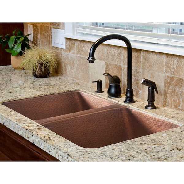 Sinkology Rivera All In One Undermount Copper 32 1 4 In 50 50 Double Bowl Kitchen Sink With Pfister Bronze Faucet And Drains Sk204 32 F529bd The Home Depot