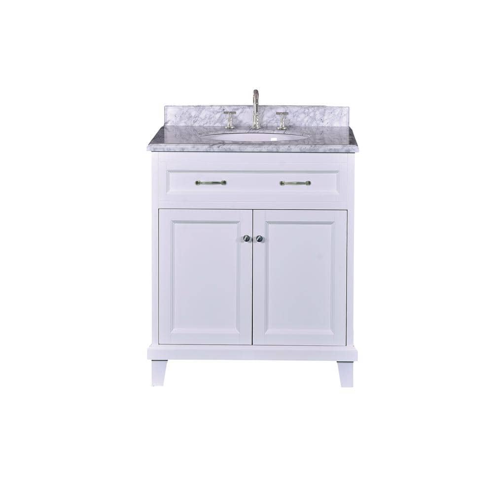 30" White Solid Wood Bathroom Vanity with Carrara Marble Top
