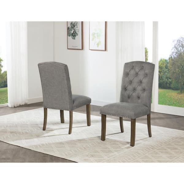 Best Quality Furniture Ameen Grey Linen Fabric With Brown Oak Veneer Finish Legs Side Chairs Set of 2