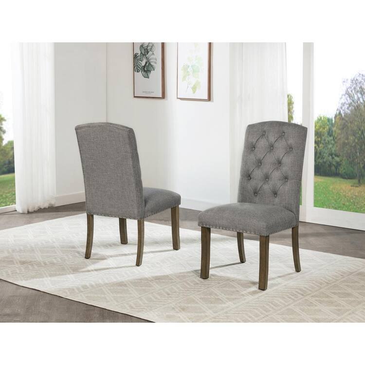 Best Quality Furniture Ameen Grey Linen Fabric With Brown Oak Veneer Finish Legs Side Chairs Set of 2