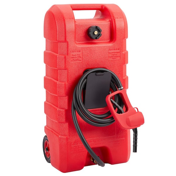 15 Gal. Red Fuel Tank Container with Manual Transfer Pump and 10 ft. Hose, Portable Gasoline Can with Wheels