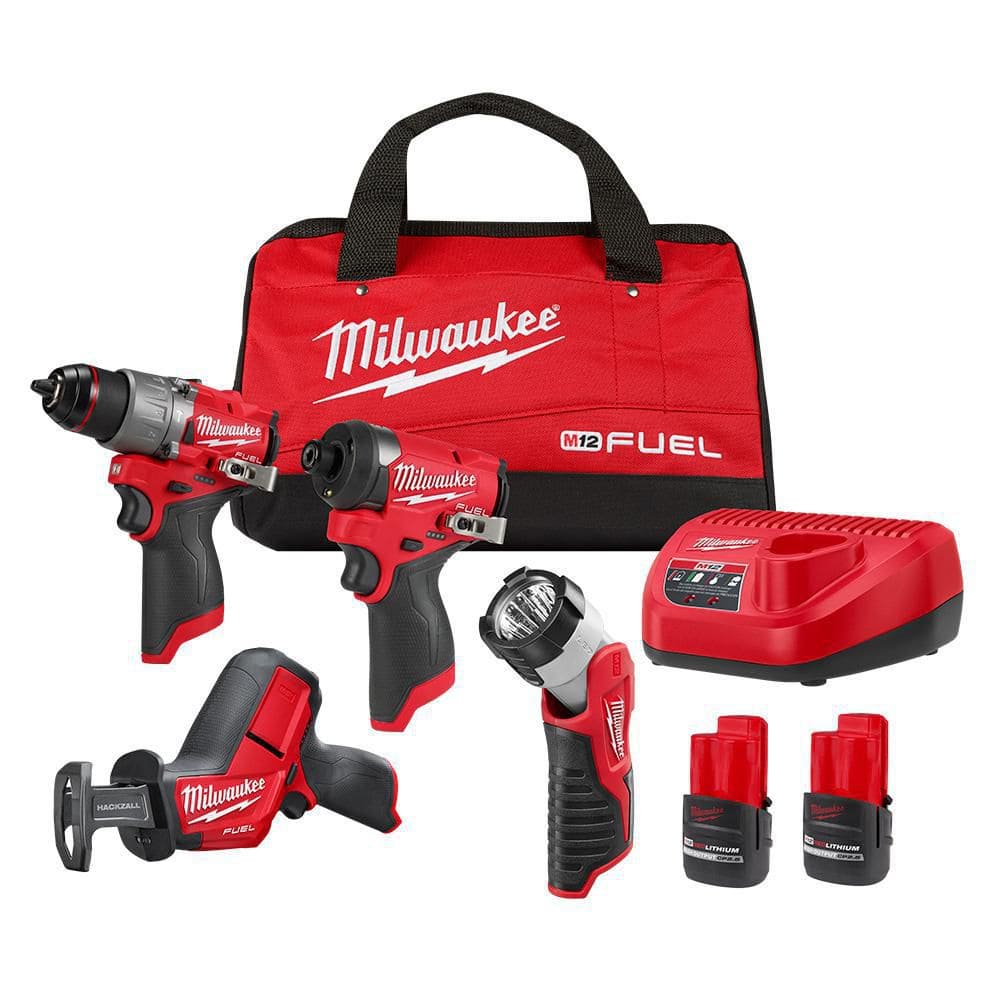 Milwaukee M12 FUEL 12-Volt Lithium-Ion Brushless Cordless Combo Kit (4-Tool) with Two 2.5ah Batteries, Charger, and Tool Bag -  3497-24