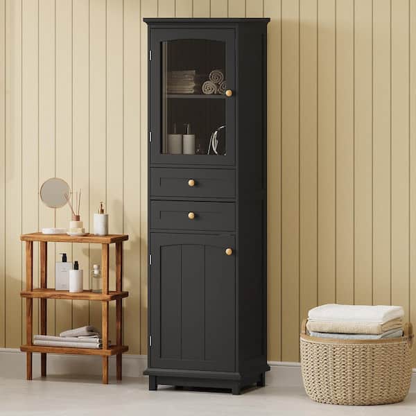 18 in. W x 14 in. D x 63 in. H Black Freestanding Linen Cabinet,Tall Bathroom Storage Cabinet with Doors and Drawers
