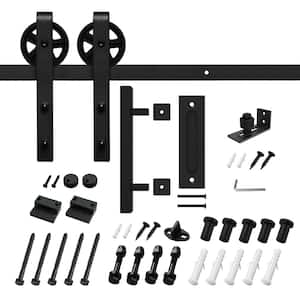 6.6 ft./79 in. Black Steel Strap Sliding Barn Door Track and Hardware Kit with 12 in. Square Handle and Floor Guide