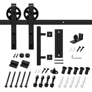 8 ft./96 in. Black Steel Bent Strap Sliding Barn Door Track and Hardware Kit with 12 in. Square Handle and Floor Guide