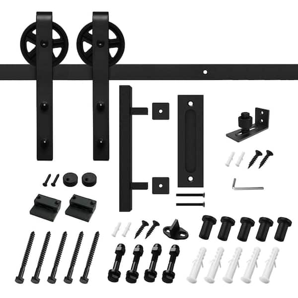 Movisa 8 ft./96 in. J-Shaped Sliding Single Barn Door Hardware Kit with Large Wheel Rollers and Square Handle