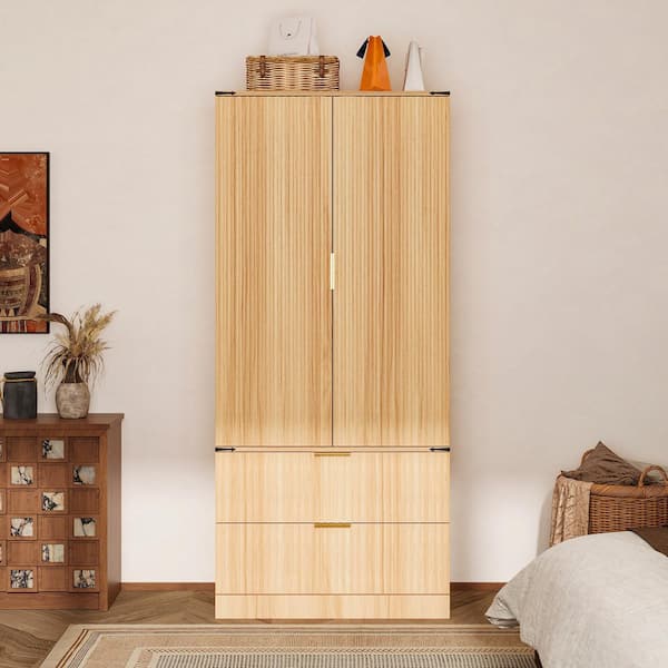 Natural Wood 70.9 in. Accent Storage Cabinet with 4 Shelves and Door Storage, Double Doors, 2 Drawers, Fluted Design